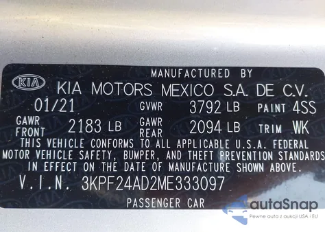 2021 Kia Forte Lxs из США, поврежденный, VIN 3KPF24AD2ME333097